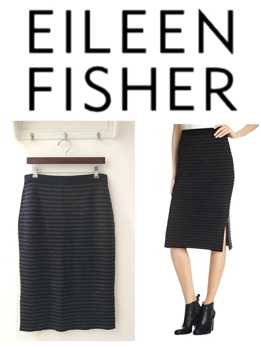 Eileen Fisher Merino Wool Double Knit Pencil Skirt Black & Gray Stripe Sz S